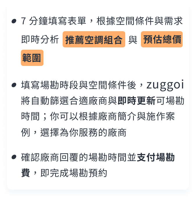 第一階段：需求分析與媒合場勘。1分鐘快速填寫冷氣需求表單，透過 APP 媒合原廠認證師傅，進行專屬空間分析。