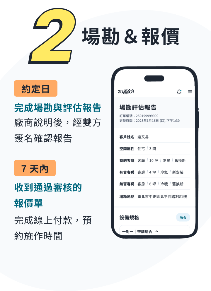 第二階段：場勘評估與正式報價。專業師傅到府確認管線與安裝位置，提供透明、標準化的空調安裝報價單。