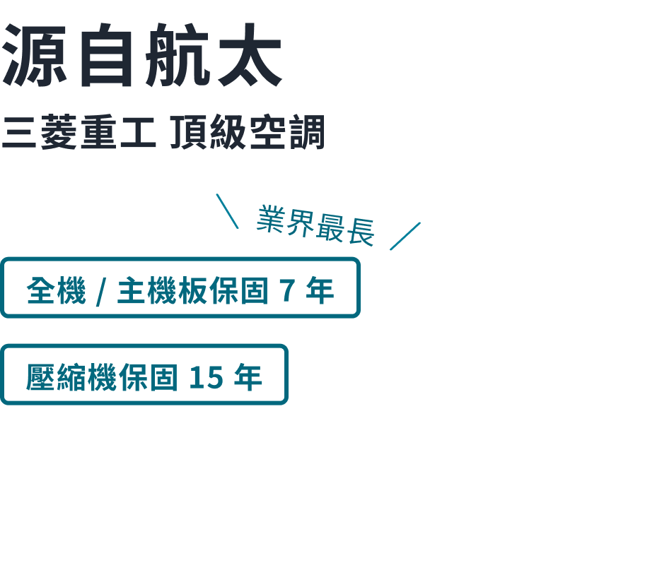 源自航太 · 三菱重工頂級空調。業界最長:全機/主機板保固 7 年、壓縮機保固 15 年
